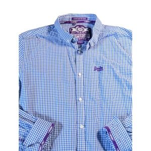 Superdry Men's XL Blue Cotton Gingham Long Sleeve Button Down Shirt Flip Cuff
